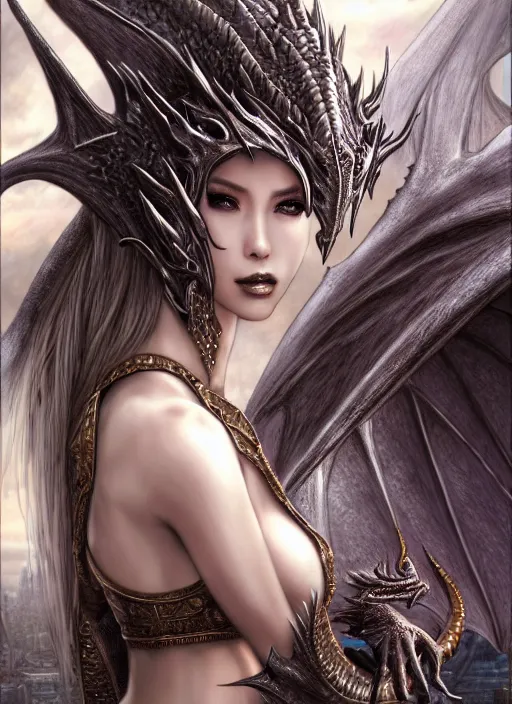 Image similar to photo of a gorgeous dragon girl in fantasy city, realistic, sharp focus, 8 k high definition, insanely detailed, intricate, elegant, art by stanley lau and artgerm, luis royo, greg kutkowski