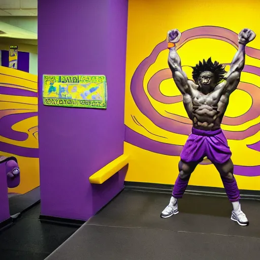 Prompt: candid photo of Cosmic Goku at Planet Fitness by Annie Leibowitz, photorealisitc, extremely detailed