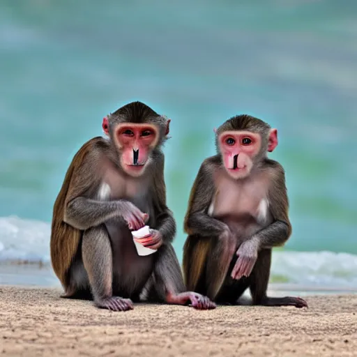 Prompt: two monkeys sipping ice coffee at a beach in the Caribbean