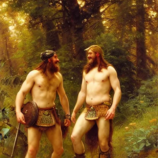 Image similar to 2 attractive male vikings frolicking in the forest. highly detailed painting by gaston bussiere, craig mullins, j. c. leyendecker, 8 k