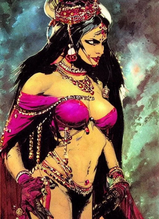 Image similar to female indian vampiress, jeweled veil, strong line, saturated color, beautiful! coherent! by frank frazetta, high contrast