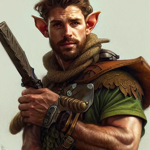 Prompt: Portrait of rugged male ranger, elf, D&D, amber eyes, muscular, fantasy, intricate, elegant, highly detailed, digital painting, artstation, concept art, smooth, sharp focus, illustration, art by artgerm and greg rutkowski and alphonse mucha