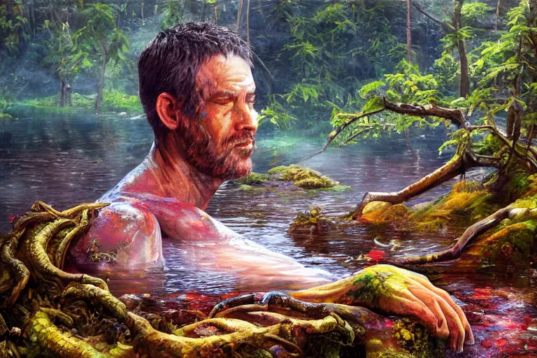 Prompt: highly detailed oil painting of a reptile man sitting in a steaming colorful hotspring with woodland forest backdrop, featured on artstation