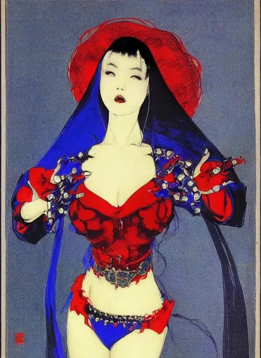 Image similar to portrait of heavyset korean vampiress, jeweled veil, blue and red, strong line, saturated color, beautiful! coherent! by frank frazetta, high contrast, minimalism