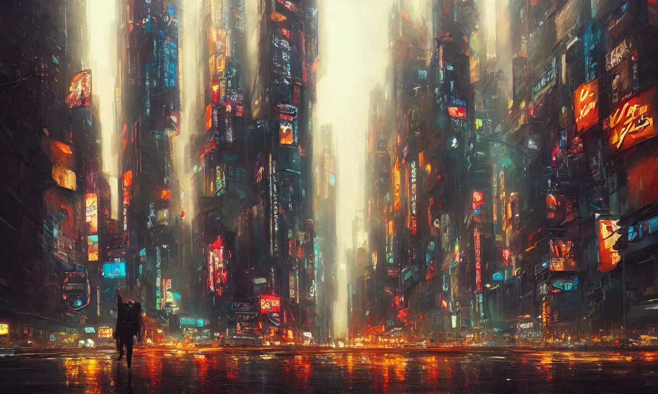 Image similar to an epic painting new york, oil on canvas, cold colors, perfect composition, golden ratio, beautiful detailed, photorealistic, digital painting, artstation, concept art, smooth, sharp focus, illustration, cyberpunk background, artstation trending, octane render, unreal engine