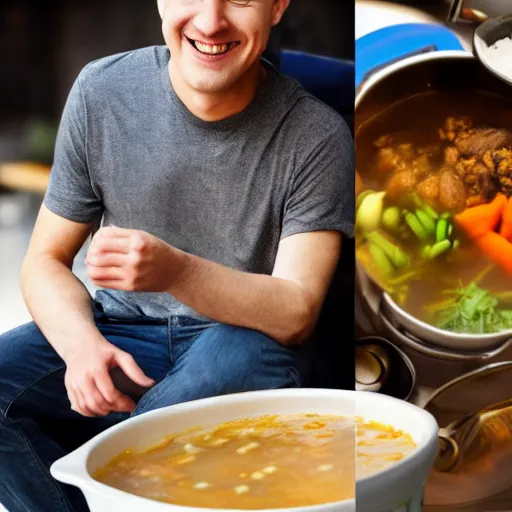 Prompt: photo realistic, a close up selfie of a guy grinning next to a steaming hot pot of cholent.