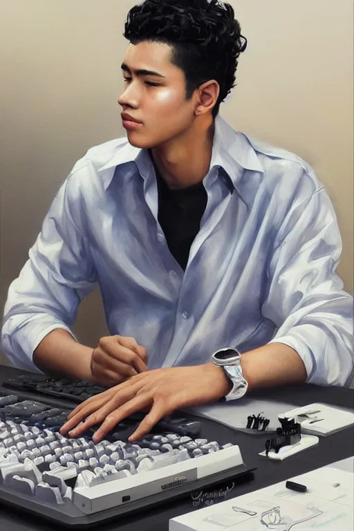 Prompt: painting of a young mexican man with short curly hair sitting at his work desk with an incredibly fancy mechanical keyboard, by artgerm and yoshitaka amano, trending on artstation