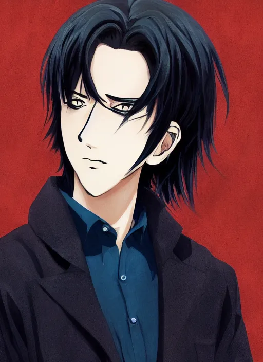 Prompt: anime style portrait illustration, handsome male vampire, focus on face, pretty, cinematic lighting, painterly, long black hair, dark blue shirt and light brown trenchcoat