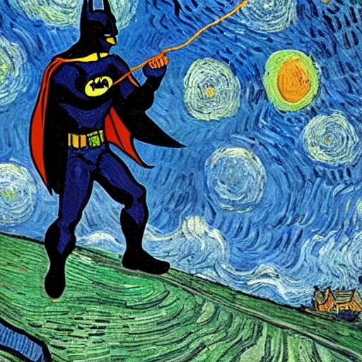 Image similar to batman flying a kite, van gogh painting,