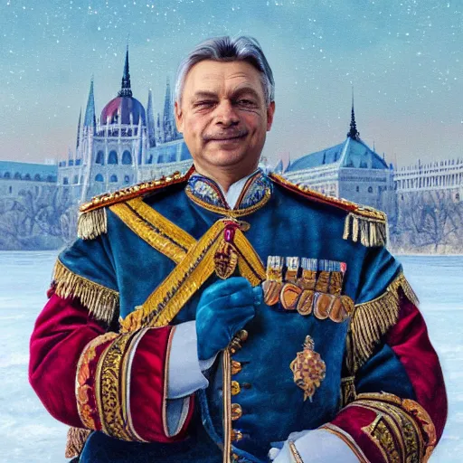 Prompt: an extremely realistic portrait depicting the coronation of hungarian prime minister viktor orban dressed in royal national costume, on the frozen danube, detailed, intricate, elegant, highly detailed, digital painting, artstation, concept art, smooth, sharp focus, illustration,