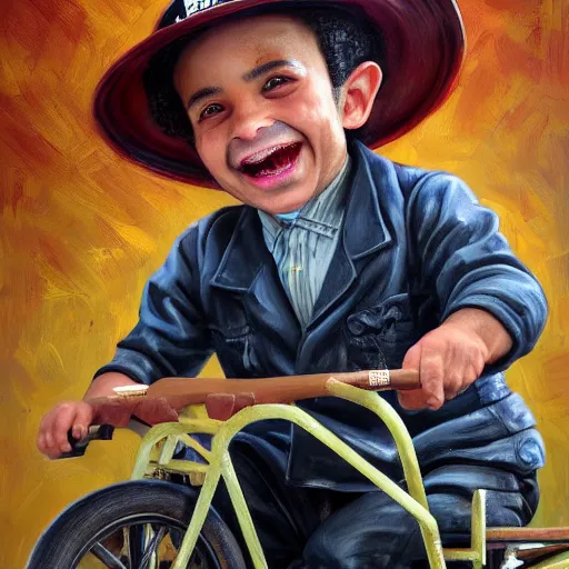 Image similar to A Hearts of Iron IV closeup portrait of a Remi Malek with bulging eyes and a huge smile, riding a tricycle. Dressed in 1980s style. Highly detailed, fine Art, high detail, great lighting, 8k resolution, masterpiece, concept art, illustration, clear eyes, painting oil on canvas, octane render, HDR, trending on artstation, 4k, 8k, HD