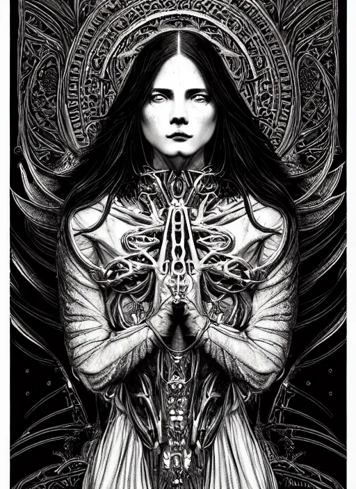 Image similar to beautiful priestess girl tarot card portrait, biomechanical, intricate artwork masterpiece, majestic, elden ring cinematic lighting, volumetric 8 k, by apollonia saintclair, josan gonzalez, gustave dore, edmund leighton, kilian eng, trending on cgsociety, 8 k