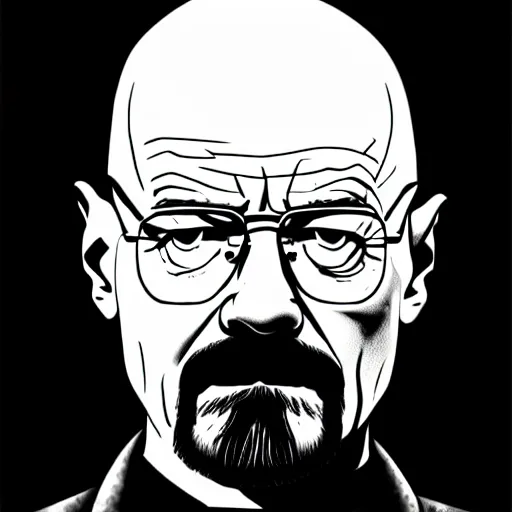 Prompt: Walter white in a scene from Alice in wonderland, artstation, concept art, sharp focus, illustration in pen an ink, black and white, art by Masashi Tanaka