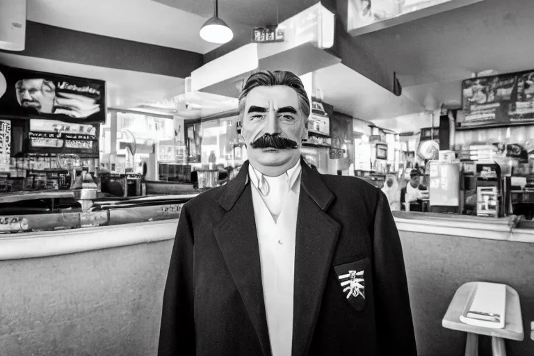 Prompt: a photo portrait of josef stalin in mcdonalds, sigma 2 4 mm f / 8 prize