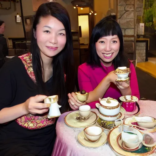 Image similar to Meilin Lee from Turning Red and Mirabel Madrigal from Encanto having a tea party