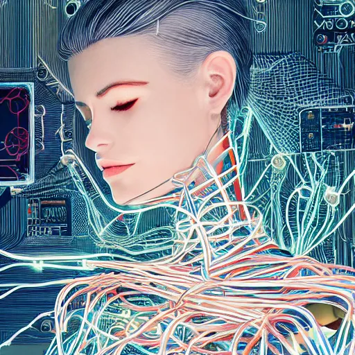 Image similar to a beautiful body of a pilot woman partially made of wires and electronic circuits, an ultrafine detailed illustration by james jean, final fantasy, intricate linework, bright colors, behance contest winner, vanitas, angular, altermodern, unreal engine 5 highly rendered, global illumination, radiant light, detailed and intricate environment