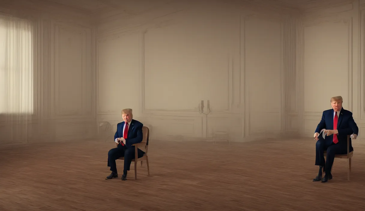 Prompt: Donald Trump sitting on a wooden chair in an empty room, stunning photo, cinematic lighting, perfect, 8K, ultra-detailed , Trending on artstation, Octane render, Unreal Engine, highly detailed,