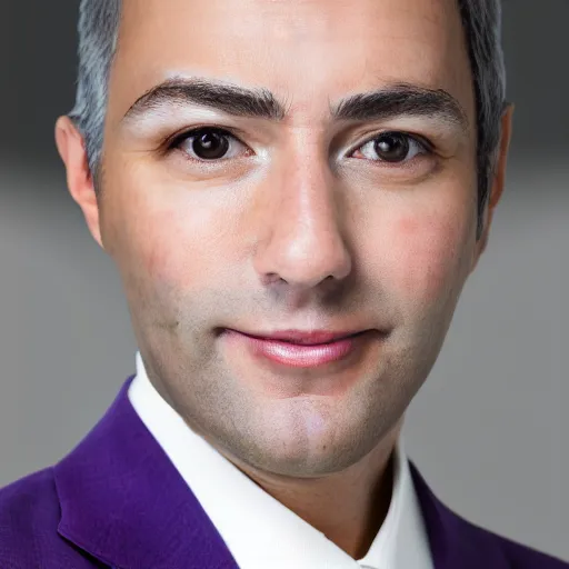 Image similar to corporate portrait, senior sales director, purple green color scheme, professional studio lighting, hyperreal detailed lifelike facial features, corporate portraiture, headshot,