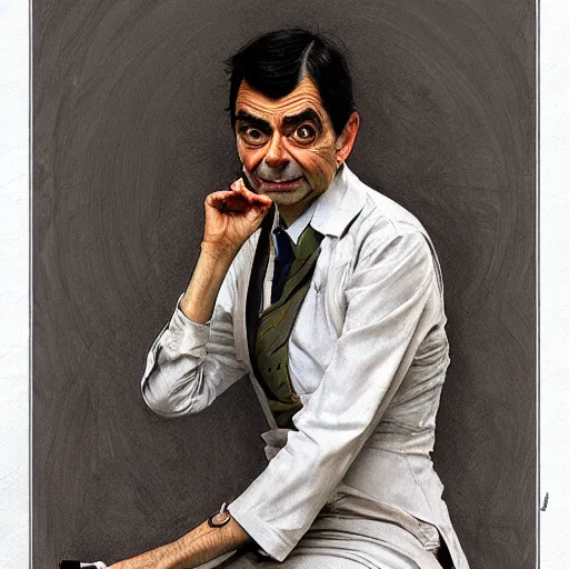 Image similar to amazing lifelike award winning pencil illustration of mr bean trending on art station artgerm Greg rutkowski alphonse mucha cinematic