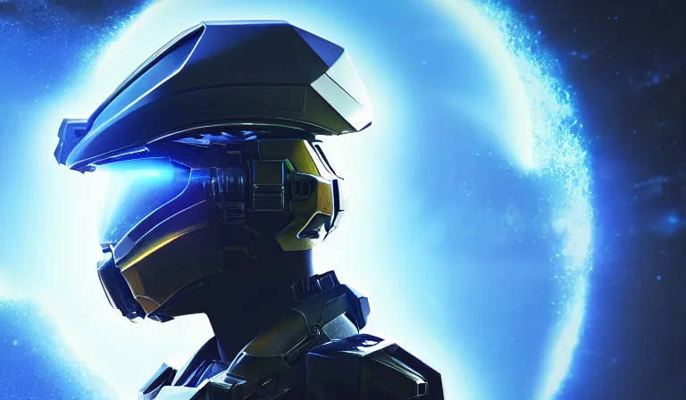 Prompt: cyberpunk halo helmet on space, planet behind, close shot, reflection, epic, dramatic, cinematic, award winning, ultra detailed, realistic, 8k,