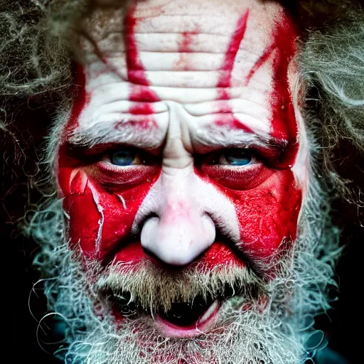 Image similar to film still photo portrait of a crazed homeless beaten up ronald mcdonald with heavy wrinkles and a beard, realistic, hyperrealistic, 8 k resolution, hd quality, very detailed, highly detailed, intricate details, real life, real world, trending on artstation, digital art, really realistic, very realistic, headshot, head in frame, photograph, portrait