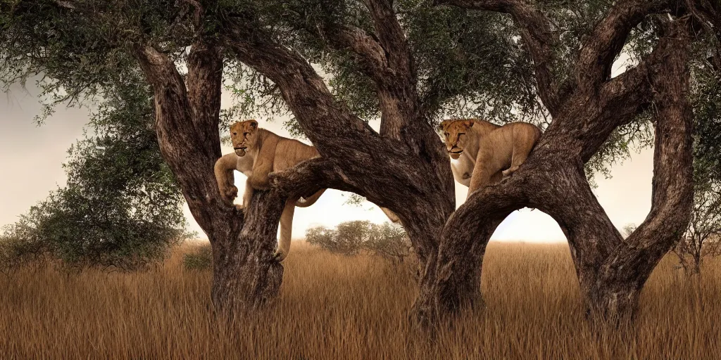 Image similar to scenic nature photography, award winning picture of a cuddly lioness in a tree. the tree is in the middle of the savannah nearby a water hole. extreme detail, hyperrealistic photo, smooth, trending on artstation