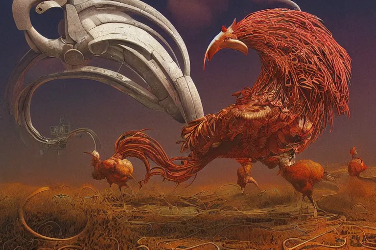 Image similar to digital painting of an ominous mechanical rooster, by wayne barlowe and bob pepper, highly detailed, intricate, anatomy, nature, dieselpunk, retrofuturism