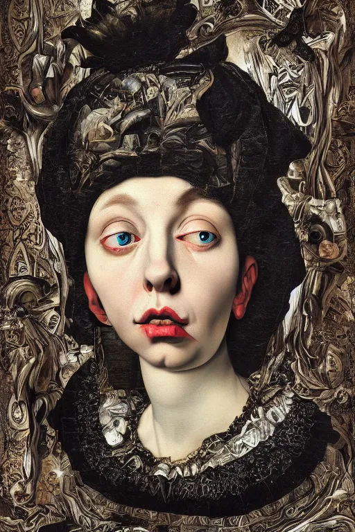 Image similar to Detailed maximalist portrait with large lips and with large eyes, sad exasperated expression, HD mixed media, 3D collage, highly detailed and intricate illustration in the style of Caravaggio, dark art, baroque