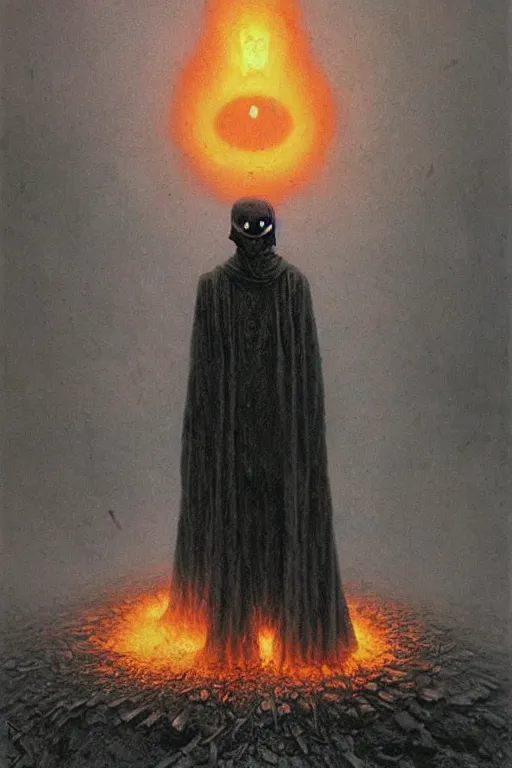 Image similar to plague doctor from iron gridle but human form, destroyed city and flames by zdzislaw beksinski, color