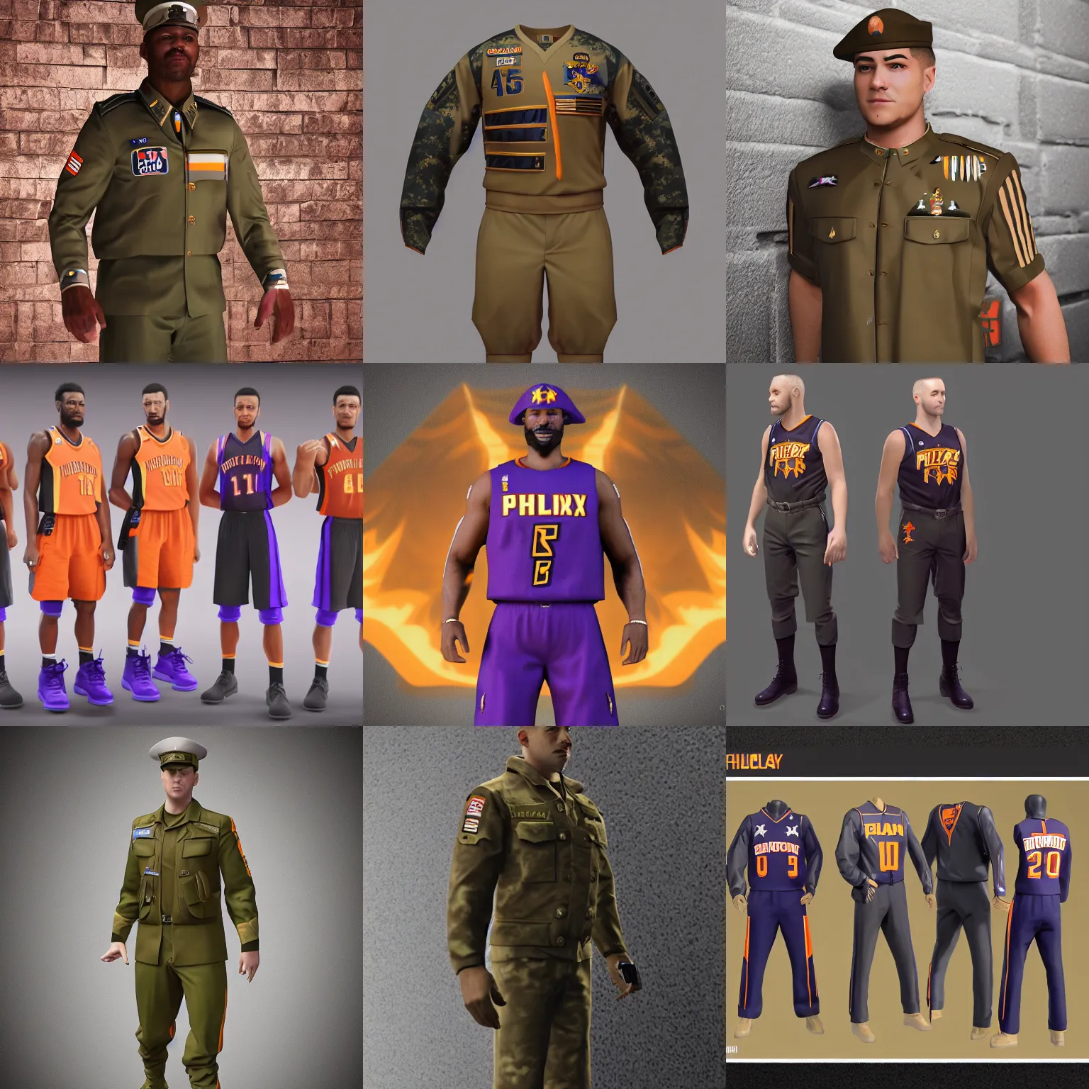 Prompt: military uniform, inspired by phoenix suns, octane render