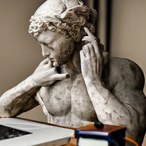 Image similar to photo of a intricately detailed marble statue of david facepalming with a laptop on his lab, because of his slow internet by leonardo davinci