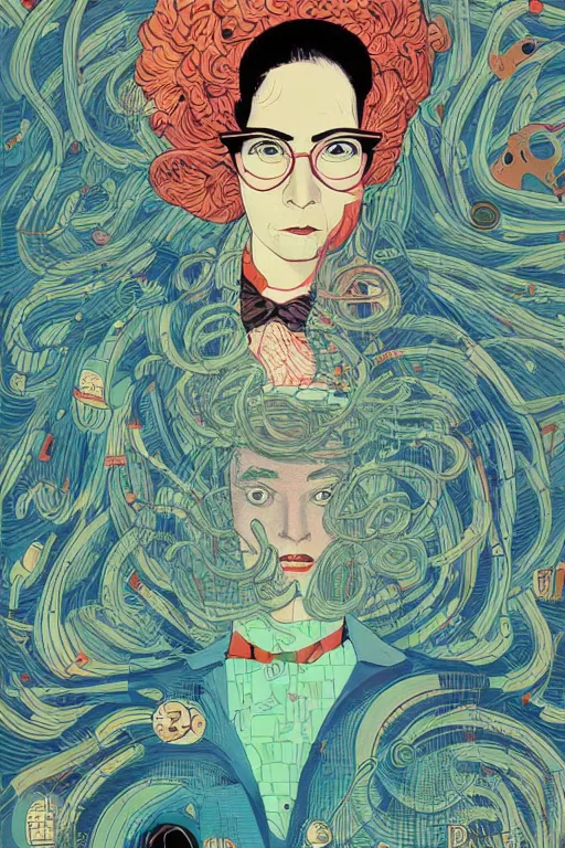 Image similar to portrait of mad lady scientist, stylized illustration by victo ngai, colorful comics style,