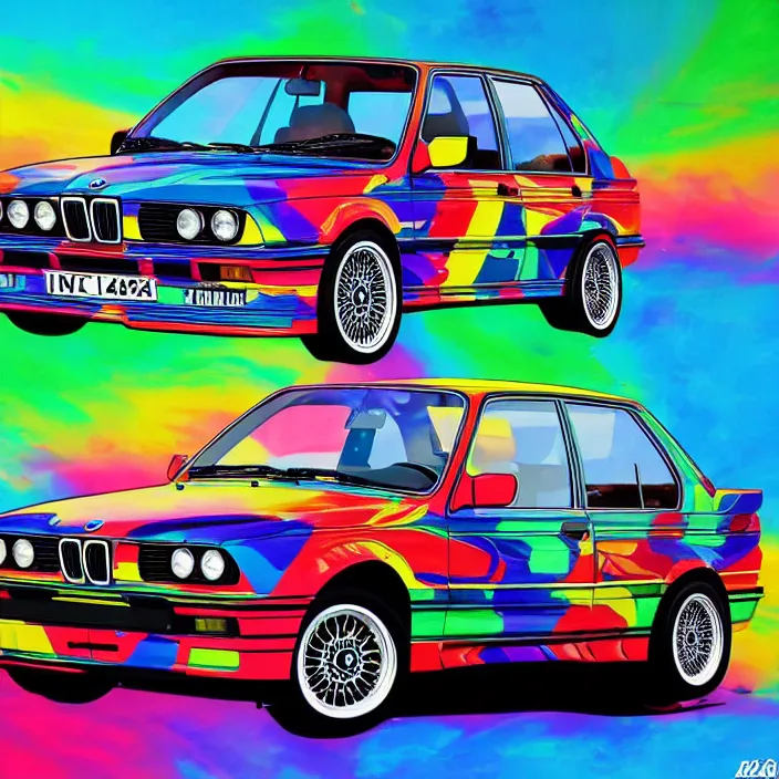 Image similar to bmw e 3 0 with psychedelic paint, kyza saleem, realistic, 4 k, sharp, detailed