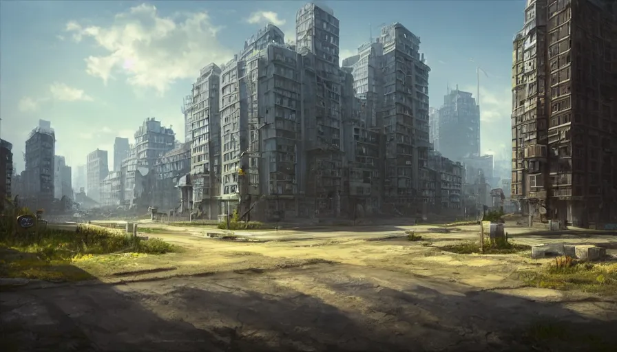 Prompt: a large square at the end of the road, buildings in the distance, sunny day game cg, hyperdetailed, trending on cgsociety