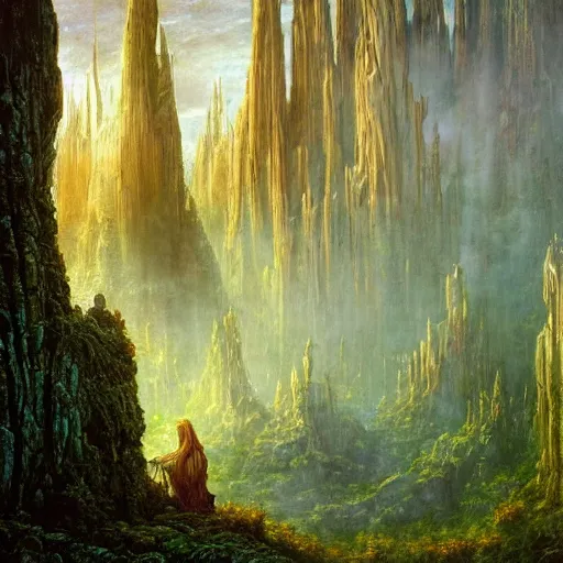 Image similar to a beautiful and highly detailed oil painting of an elven temple deep in the misty mountains, secret valley, tall spires, beautiful trees, ancient runes, intricate details, epic scale, insanely complex, 8 k, sharp focus, hyper realism, fantasy landscape, psychedelic, by caspar friedrich and brian froud and albert bierstadt,