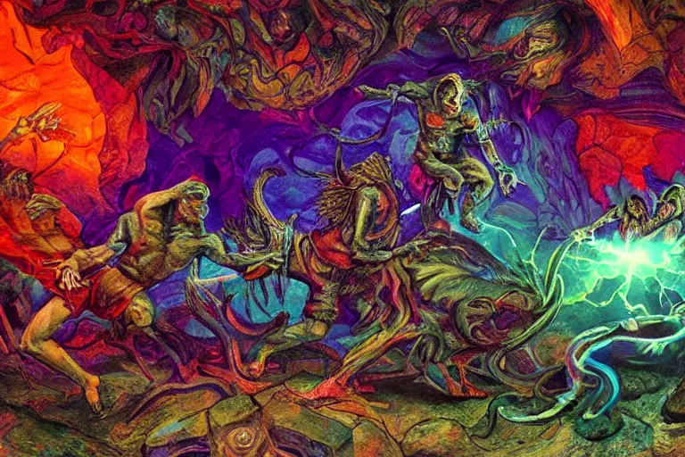 Prompt: Demons Fighting over Time Crystals in the Caves, psychedelic, dire, horrifying, hyperrealistic