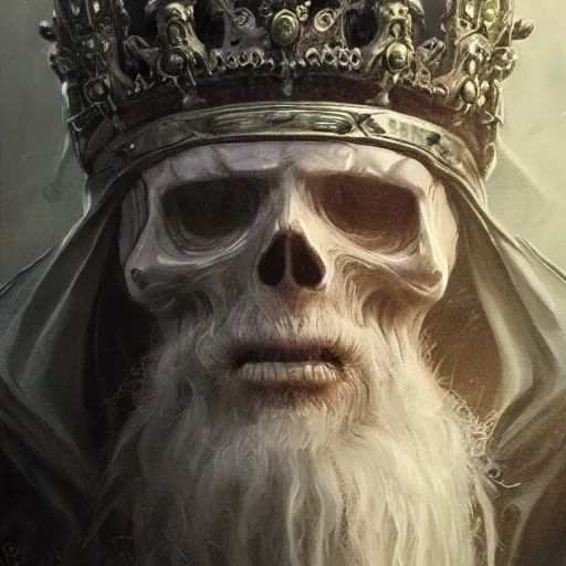Prompt: a friendly elder lich with a magnificent robe and crown, close up, portrait, realistic skull, sinister atmospheric lighting. highly detailed painting by greg rutkowski, anime style