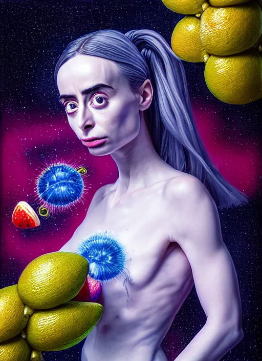 Prompt: hyper detailed 3d render of like a chiaroscuro oil painting - kawaii portrait inside spaceship (an astronaut queen with advanced suit like a chrome skeksis porcelain looks like Krysten Ritter) seen Eating of the Strangling network of yellowcake aerochrome and milky Fruit and His delicate Hands hold of gossamer polyp cenobite bring iridescent fungal flowers whose spores black the foolish stars by Jacek Yerka, Ilya Kuvshinov, Mariusz Lewandowski, Houdini algorithmic generative render, Abstract brush strokes, Masterpiece, Edward Hopper and James Gilleard, Zdzislaw Beksinski, Mark Ryden, Wolfgang Lettl, hints of Yayoi Kasuma, octane render, 8k