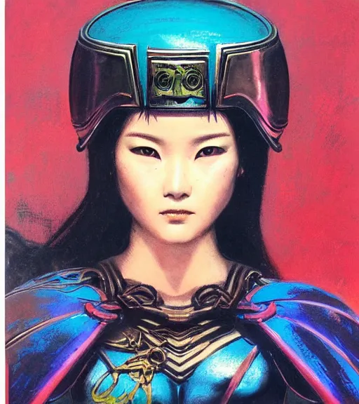 Image similar to portrait of strong korean female chaos angel, beautiful! coherent! by frank frazetta, by brom, strong line, vivid neon color, spiked scrap metal armor, iron helm maximalist