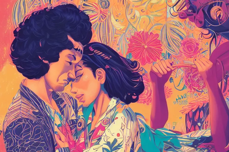 Image similar to a hispanic girl with medium length 4 b hair, and a short - bearded mixed race man with short 4 a hair, in love selfie, tristan eaton, victo ngai, artgerm, rhads, ross draws