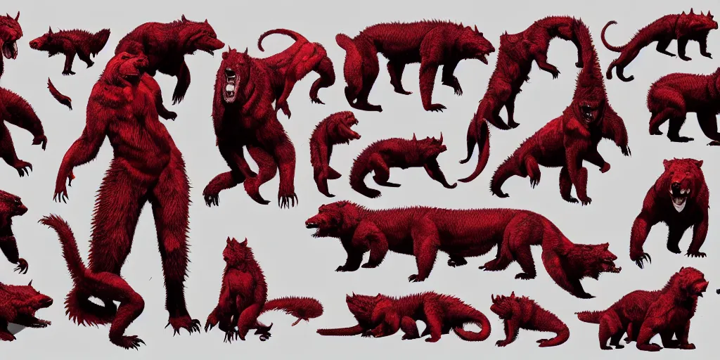 Image similar to Crimson red, draconian grizzly bear, scaly, demonic, reptilian, white stripes all over its body, character design sheet, Moebius, Greg Rutkowski, Zabrocki, Karlkka, Jayison Devadas, Phuoc Quan, trending on Artstation, 8K, ultra wide angle, zenith view, pincushion lens effect.