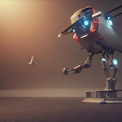 Image similar to small flying robot with mounted turret, sharp edges, sinister, studio lighting, advertising photography, octane render