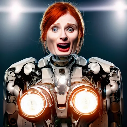 Image similar to beautiful centered Fine art photo portrait of Bryce Dallas Howard screaming as a solarpunk robotic humanoid, white mechanical parts with led lights, photorealistic, white background, highly detailed and intricate, sunset lighting, HDR 8k