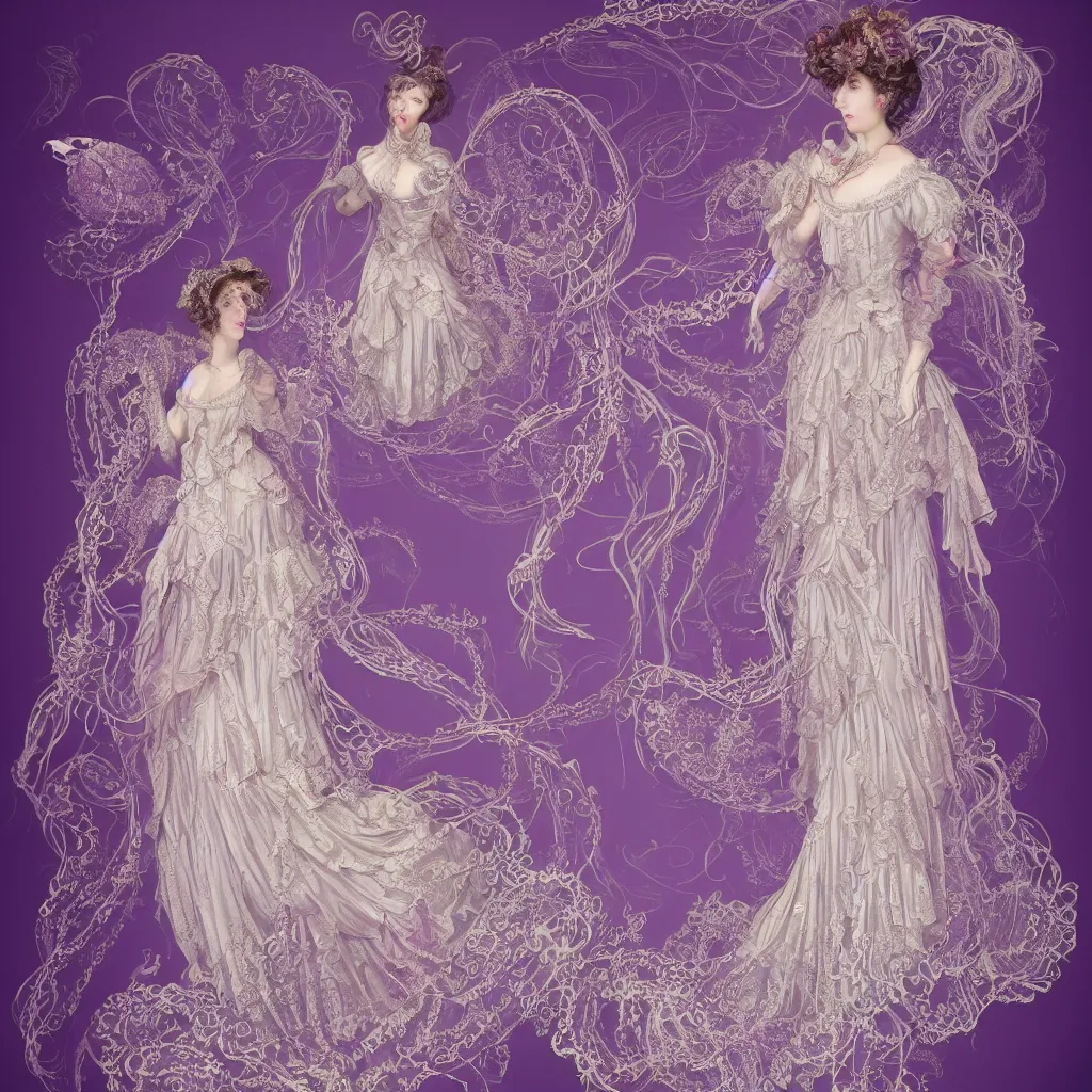 Prompt: purple dress design in the style of rococo ,Victorian era，jellyfish and Goldenlace element,dreamy, soft ,Backlight ,luminescence,Aetherpunk,highly detailed,8k