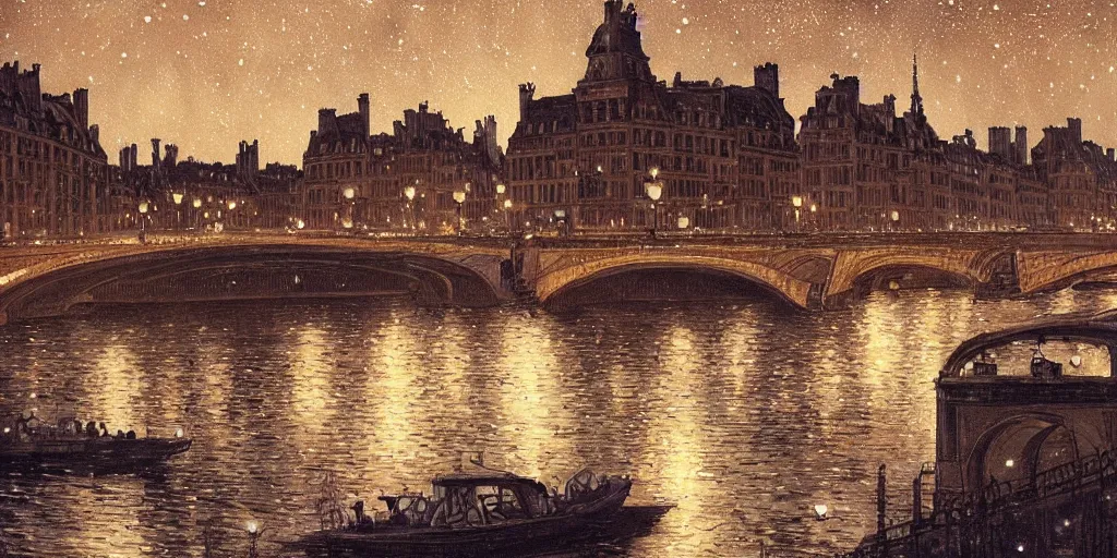 Image similar to a view from the amstel river in paris at night with the sky full of stars, intricate, elegant, highly detailed, digital painting, artstation, concept art, smooth, sharp focus, colored illustration for tattoo, art by krenz cushart and artem demura and alphonse mucha