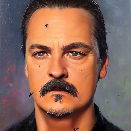 Prompt: stunning serene portrait of Mike Patton of faith no more in style of Mark Arian, oil on canvas, masterpiece, realism, piercing gaze, autumn bokeh