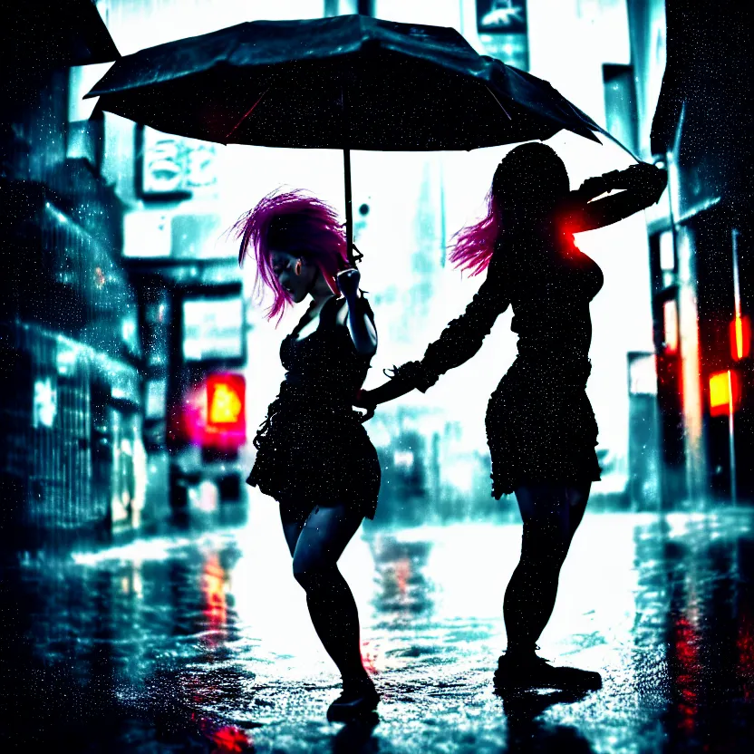 Image similar to a photo close up cyberpunk woman dancing in the rain, cyberpunk hiroshima, prefecture streets, sunset, photorealistic, cinematic lighting, highly detailed, bokeh, style by tomino - sama