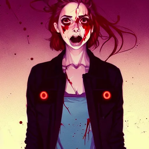 Image similar to loish, artgerm, Joshua Middleton art, pretty Alison Brie serial killer holding bloody knife in right hand, blood on clothes and face, sarcastic smile, symmetrical eyes, symmetrical face, jean jacket, jeans, short blonde hair, middle shot, night time, deep blacks