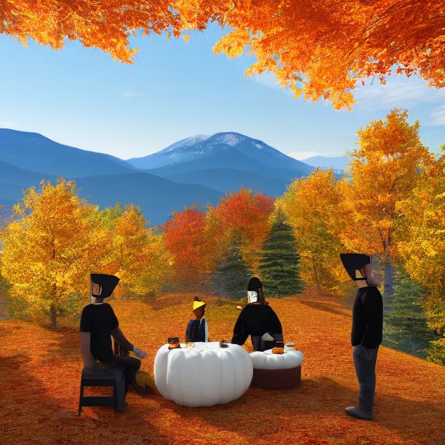 Image similar to pumpkin headed people ordering maple coffee at a maple coffee stand, maple trees with fall foliage, on a mountain in new hampshire, volumetric, realistic, cinematic lighting, ray tracing, unreal engine 5, octane render, hyper realistic, photo, 8 k