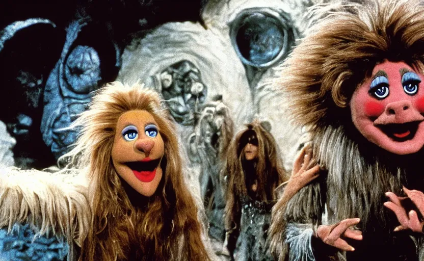 Image similar to movie still from the 1 9 8 8 sequel to labyrinth by jim henson starring david bowie and young jennifer connelly in a maze - like fortress on the moon. whimsical muppets of wondrous alien creatures and humanoid characters. fantasy adventure.